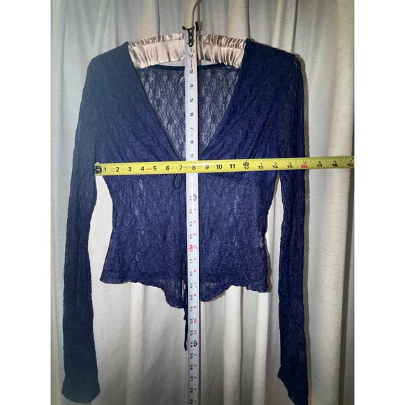 y2k Grunge Sheer Lace Tie Top Blue Violet Navy Long Sleeve Mesh 90s 00s Goth M L - Picture 5 of 10